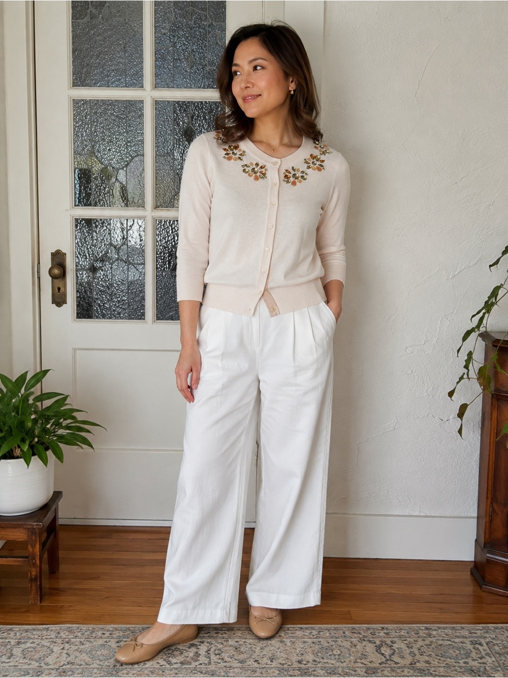 Kate Spade Embellished Jeweled Neck Soft Cardigan Blush Pink 3/4 Sleeve Medium